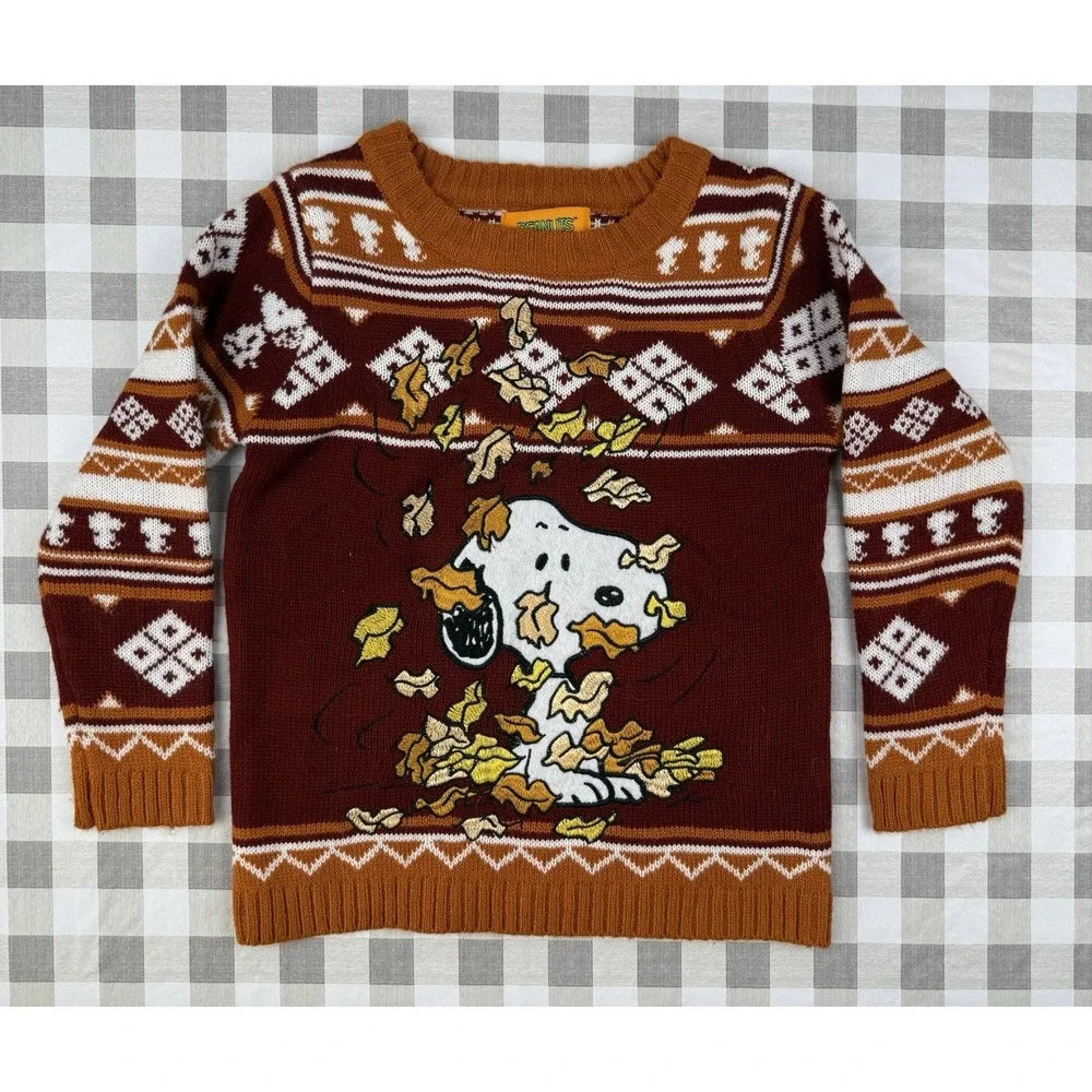 Peanuts Snoopy Fall Leaves Sweater Kids XL 7 Orange Cozy Autumn